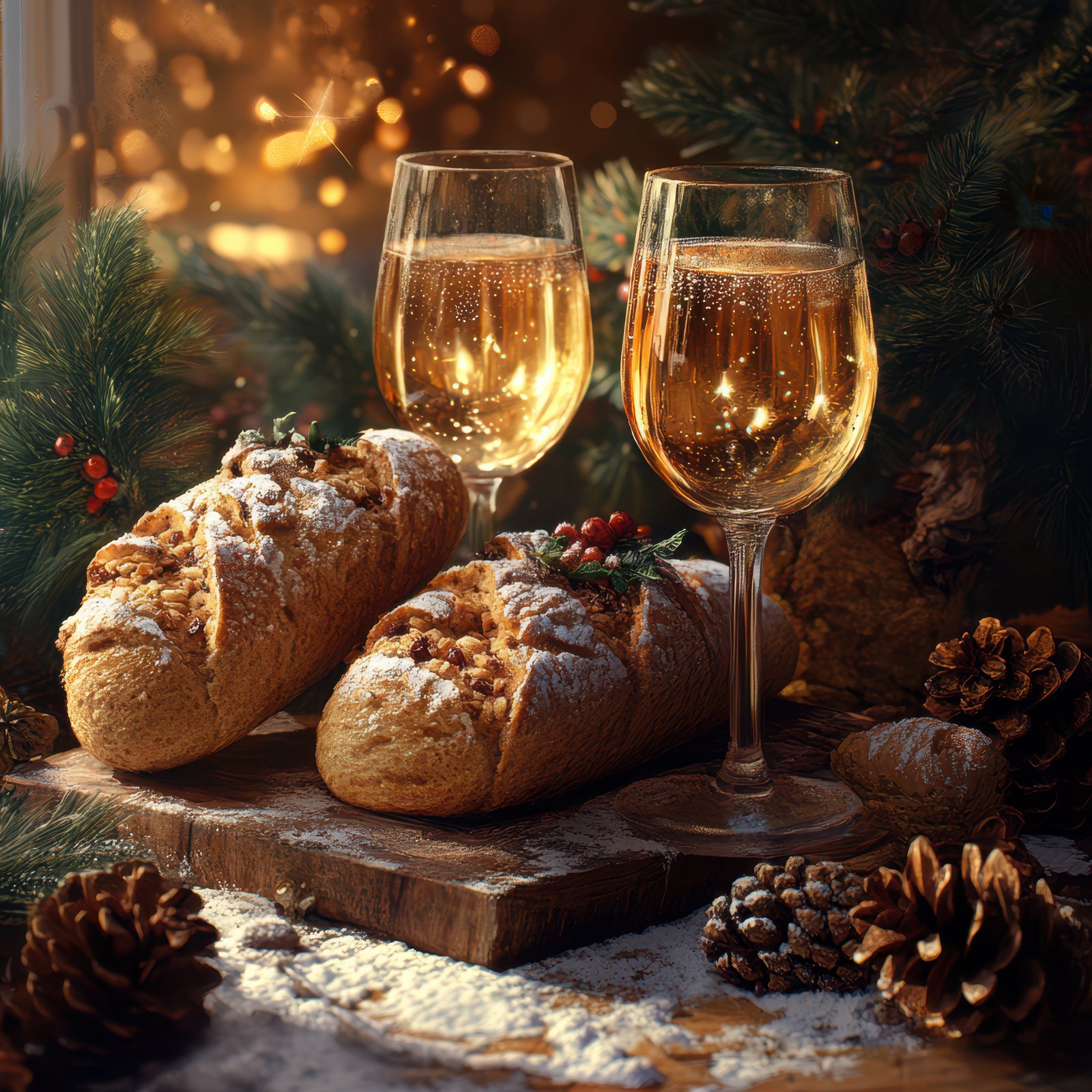 Two glasses of sparkling wine and two loaves of bread sit on a wooden table, surrounded by pine cones and sprigs of evergreen